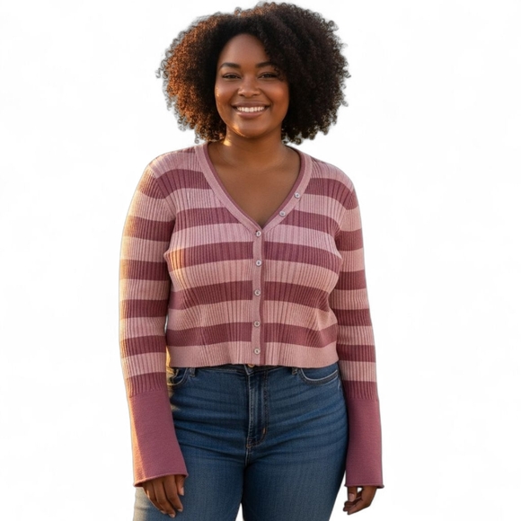 Unbranded Tops - Button Down Crop Top Long Lowcut V-Neck cardigan Women Pink White Striped Large